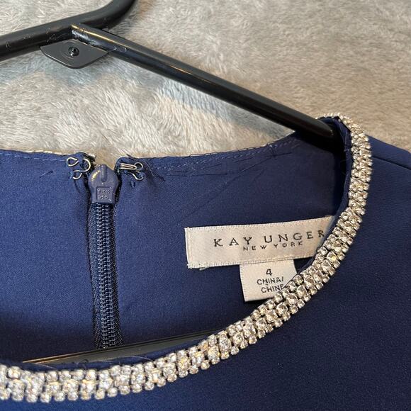 Kay Unger Navy Blue Fit & Flare Dress Elegant Draped Bodice Rhinestone Trim Sz 4 - Picture 5 of 9